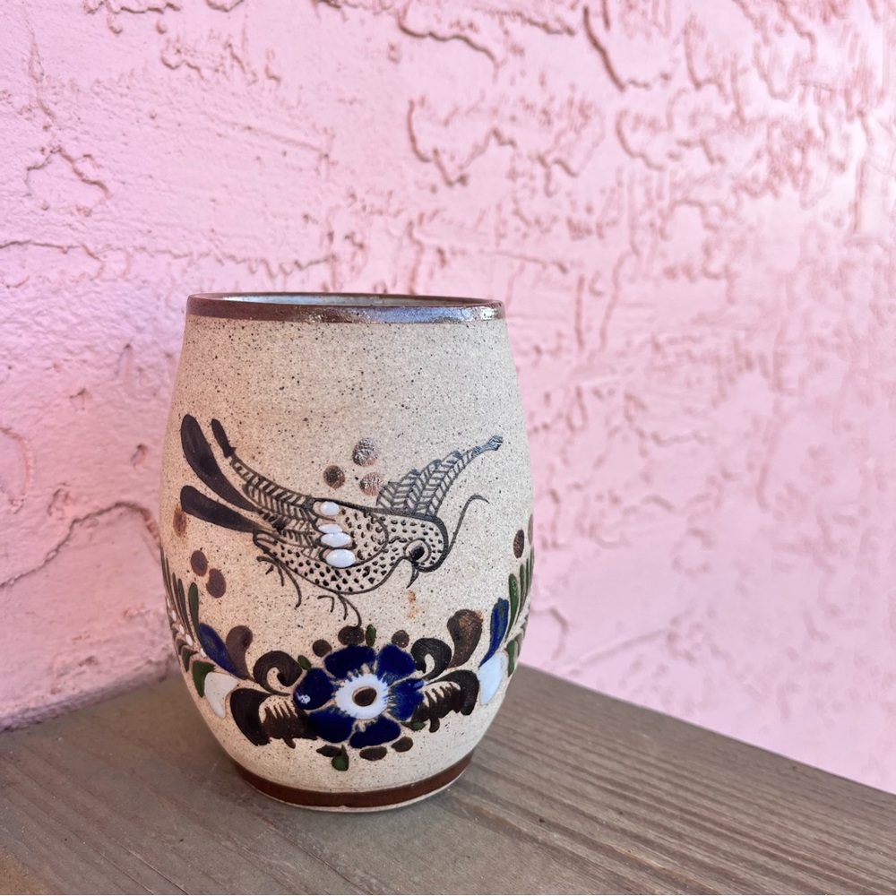 Vintage Tonala Pottery Mug Sandstone Bird Floral Folk Art Coffee Tea Flowers